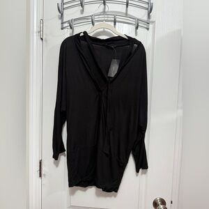 BCBG Max Azria Jersey Attached Tie Neck Scarf Blouse Women’s L Black Silk Rayon